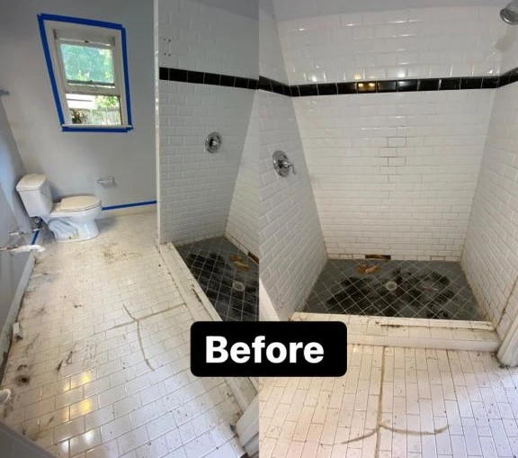 Modern WC remodeling in Plano, TX featuring a wall-mounted toilet, floating vanity, and herringbone subway tiles