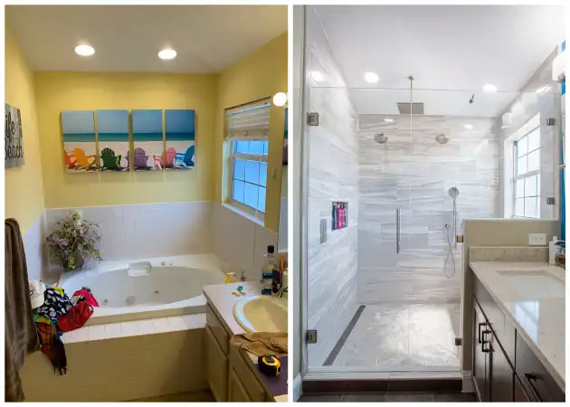 Collage photo of the main steps (demolition, foundation, panel installation) in the bathroom