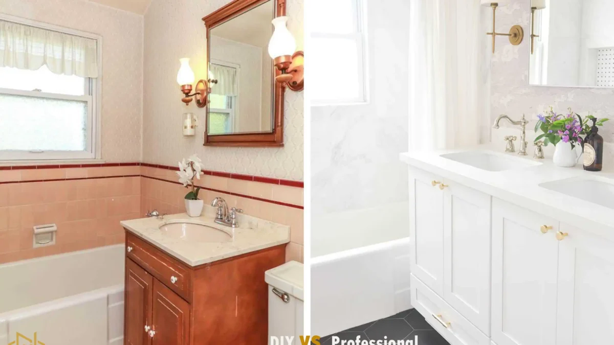 Visual comparison showing DIY bathroom remodel with tools and homeowner struggle next to professional contractor installing a finished shower, illustrating the DIY vs Professional Bathroom Remodeling decision.