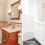 Visual comparison showing DIY bathroom remodel with tools and homeowner struggle next to professional contractor installing a finished shower, illustrating the DIY vs Professional Bathroom Remodeling decision.