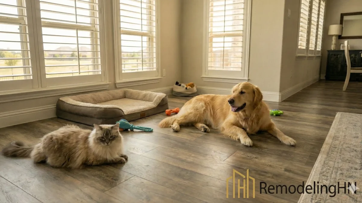 dog and cat lying on durable, light-colored vinyl plank flooring, ideal for pet owners in Plano, Texas enduring the summer heat.