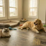 dog and cat lying on durable, light-colored vinyl plank flooring, ideal for pet owners in Plano, Texas enduring the summer heat.