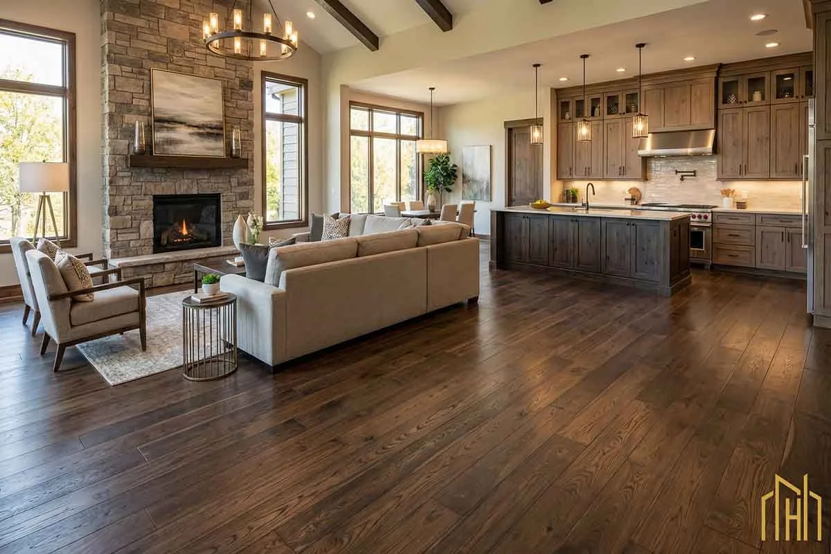High-end engineered hardwood flooring installed in a spacious open-concept living room in North Texas.