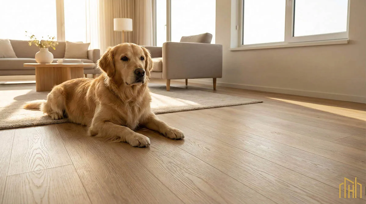 Golden Retriever resting on scratch-resistant luxury vinyl plank flooring in a modern Plano home renovation.