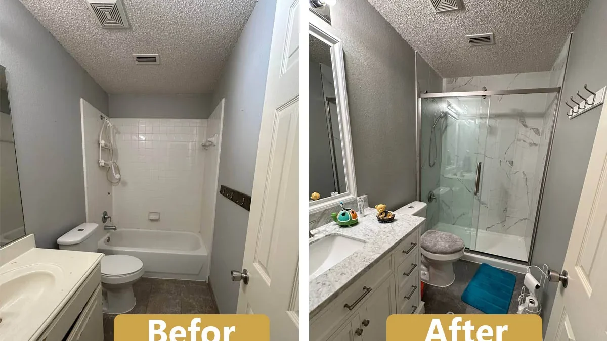 Small bathroom remodel ideas for Plano townhomes featuring floating vanity and large mirror to maximize space and style.