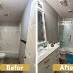 Small bathroom remodel ideas for Plano townhomes featuring floating vanity and large mirror to maximize space and style.