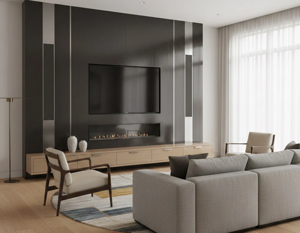 Custom TV wall design with no exposed wires and built-in speakers.