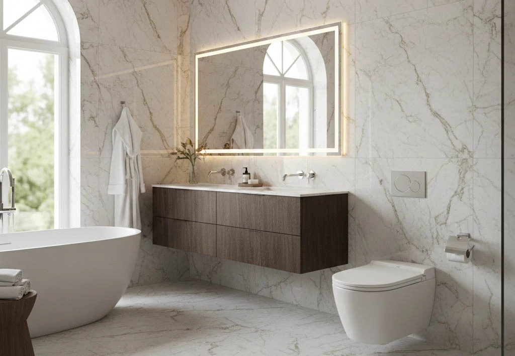 Luxury bathroom renovation with LED anti-fog mirror and heated floors.