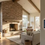 A luxury living room in Plano TX showing a blend of classic brick fireplace and a modern smart home control panel.