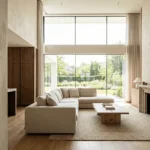 Modern living room in Dallas with integrated smart home control panel and automated lighting