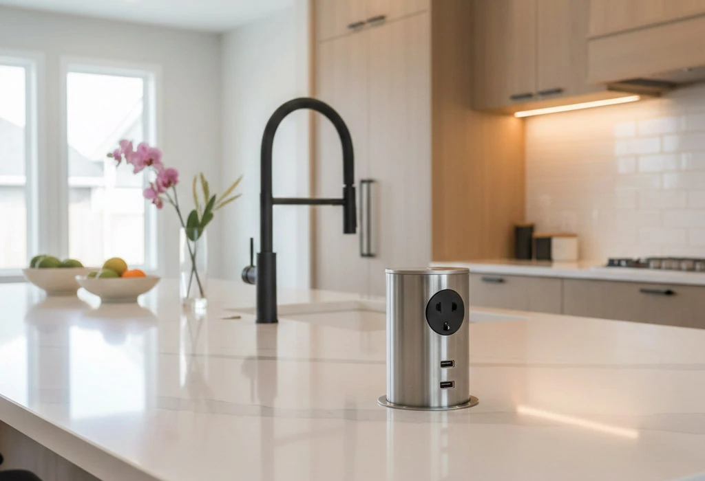 Modern kitchen countertop with built-in pop-up outlets and smart voice faucets.