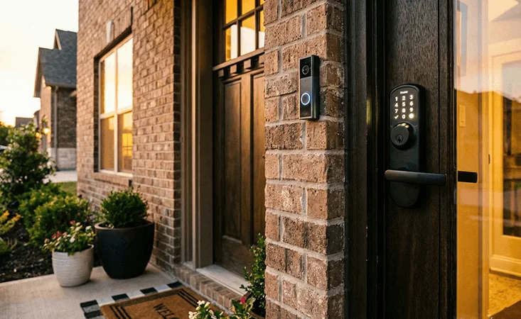 Keyless entry smart lock and hardwired video doorbell on a modern front door