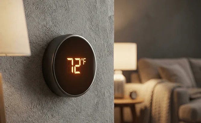 Smart thermostat displaying 72 degrees, energy efficient HVAC upgrade for Texas homes