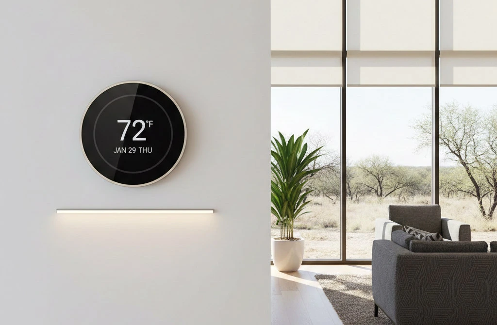 Smart thermostats and automated electric blinds for energy efficiency in Texas homes.
