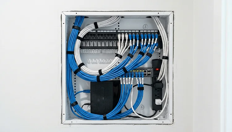 Professional structured wiring panel with Cat6 ethernet cables for home network setup