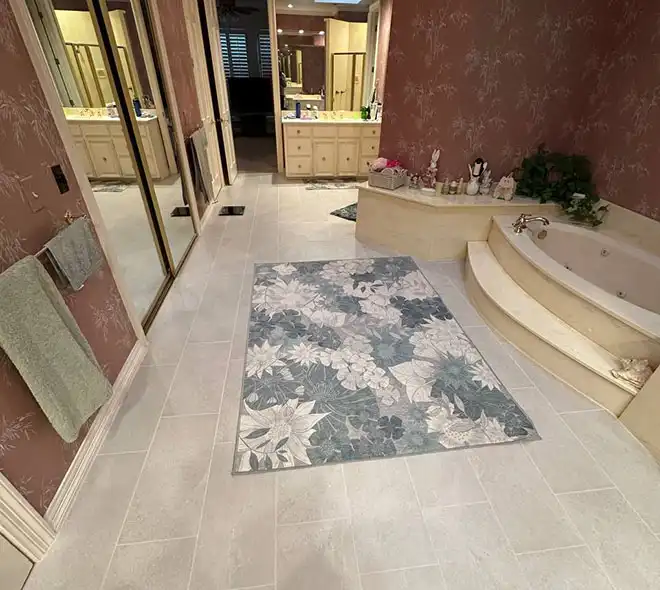 Close-up of modern bathroom floor tiles after renovation