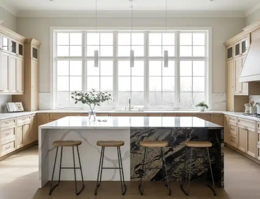 Luxury modern kitchen with quartz and granite countertops in a North Dallas home, featuring bright natural light and clean finishing.