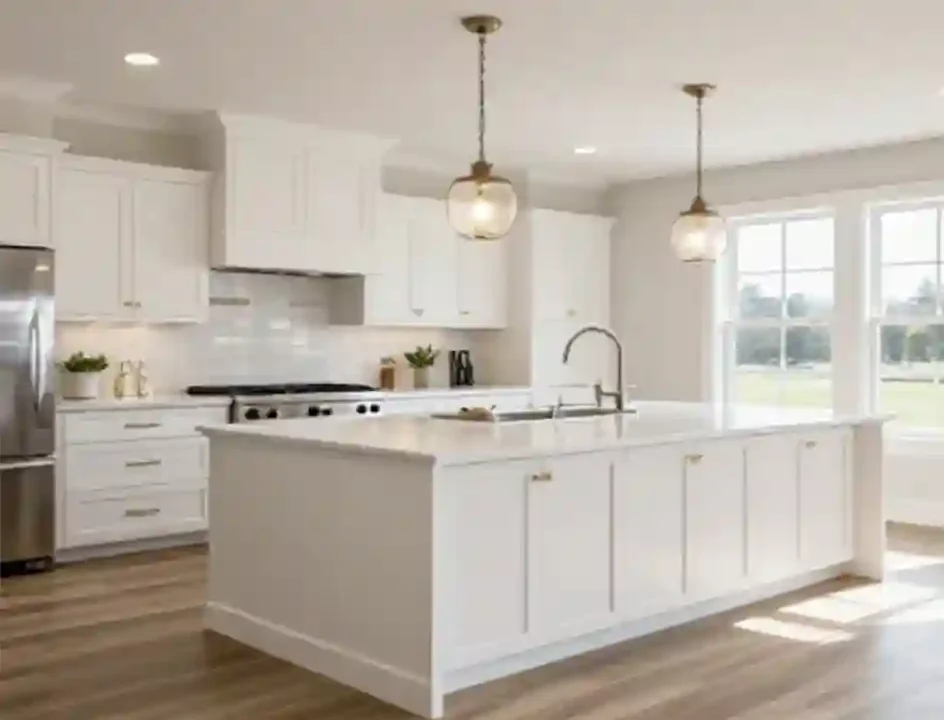 Modern kitchen remodel in North Dallas with quartz countertops, custom cabinets, and island lighting